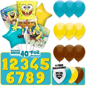 Spongebob SquarePants Balloon Kit w/ optional JUMBO Yellow Number Balloons (1-9) - Kids Boys Birthday Party Decor Decoration Supplies
