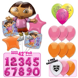 Dora the Explorer Deluxe Balloon Bouquet with Pink 42" Number Balloon 1-13 - Pink & Orange Birthday Party Decoration Supplies