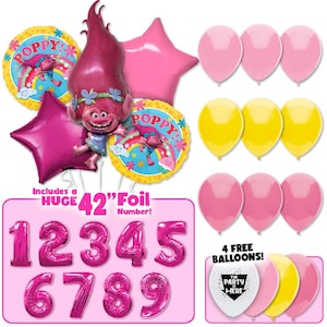 Trolls Poppy Birthday Balloon Bouquet: Pink Star Balloons, Number Option