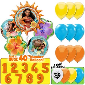 Moana Hawaiian Flowers Balloon Kit w/ optional JUMBO Orange Number Age Balloon (1-9) - Kids Girls Birthday Party Decor Decoration Supplies