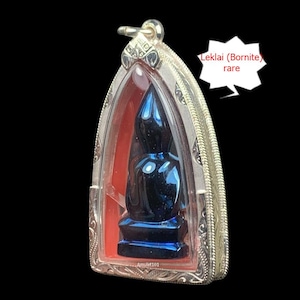 Leklai Buddha Amulet: Bornite Thai Sacred Pendant, Silver Frame 92.5 %