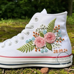 Wedding Converse For Bride Rose and Wildflower Hand Embroidered White Chuck Taylor High Tops 1970s Converse Shoes Wedding Sneakers for Bride