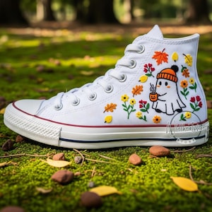 Halloween Ghost and Flower Autumn Hand Embroidered White Chuck Taylor 1970s High Top Converse Embroidery Sneakers Spooky Stitch Season Shoes