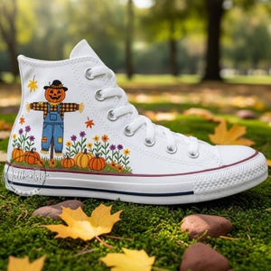 Halloween Witch Hat Straw Man Pumpkin Hand Embroidered White Chuck Taylor 1970s High Top Converse Embroidery Spooky Stitch Season Shoes