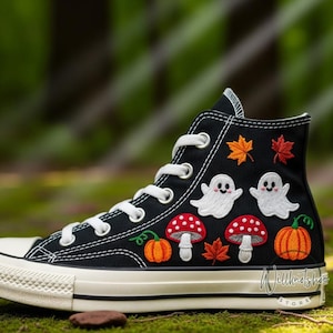 Halloween Ghost Hand Embroidered Black Chuck Taylor High Top Converse Pumpkin and Mushroom Embroidery Sneakers Spooky Stitch Season Shoes