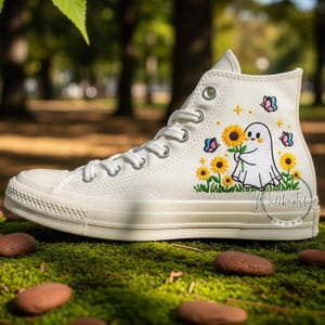 Halloween Ghost and Sunflower Butterfly Hand Embroidered Beige Chuck Taylor 1970s High Top Converse Embroidery Spooky Stitch Season Shoes