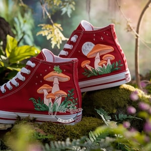 Custom Frog Mushroom Embroidered Red Chuck Taylor High Top Converse Shoes Garden Vibe Embroidered Wedding Sneakers Birthday Gift For Her