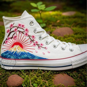 Custom Mount Fuji and Cherry Blossom Hand Embroidered Beige Chuck Taylor High Tops 1970s Converse Shoes Personalized Sneakers For Birthday