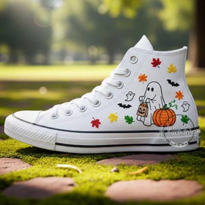 Halloween Ghost and Bat Pumpkin Hand Embroidered White Chuck Taylor 1970s High Top Converse Embroidery Sneakers Spooky Stitch Season Shoes