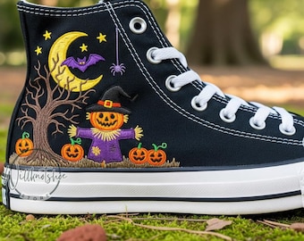 Witchy Halloween Hand Embroidered Converse Pumpkin Witch Hat