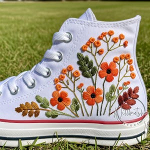 Custom Wildflower Autumn Embroidered White Chuck Taylor High Top Converse Shoes Flower Embroidered Wedding High Tops Sneakers Gift