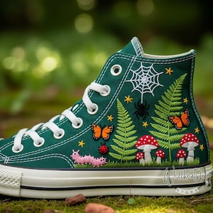 Custom Bug Spider Insects and Ferns Hand Embroidered Green Chuck Taylor High Top Converse Shoes Mushroom and Butterfly Embroidery Sneakers