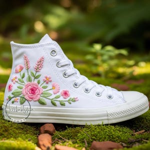 Custom Bridal Rose Wildflower Hand Embroidered White Chuck Taylor High Tops 1970s Converse Shoes Garden Vibe Wedding Sneakers for Bride
