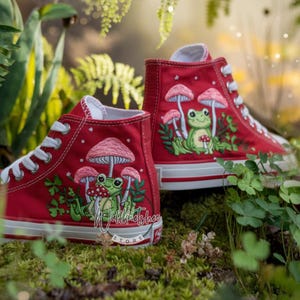 Custom Frog Mushroom Embroidered Red Chuck Taylor High Top Converse Shoes Garden Vibe Embroidered Wedding Sneakers Birthday Gift For Her