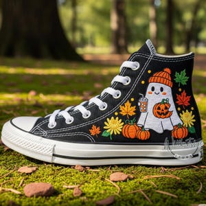 Halloween Ghost and Pumpkin Hand Embroidered Black Chuck Taylor 1970s High Top Converse Embroidery Sneakers Spooky Stitch Season Shoes