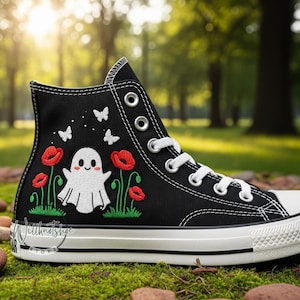 Custom Halloween Ghost and Butterfly Poppy Hand Embroidered Chuck Taylor High Tops 1970s Black Converse Shoes Embroidery Sneakers For Her