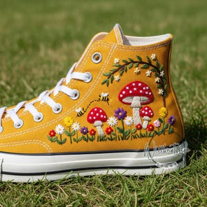 Custom Mushroom and Flower Embroidered Yellow Chuck Taylor High Top Converse Shoes Embroidered Wedding Sneakers Birthday Gift For Her