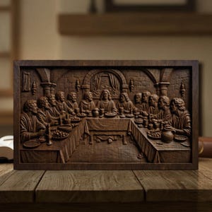 May include: A rectangular dark brown wooden wall plaque featuring a detailed relief carving of The Last Supper. The scene depicts thirteen figures seated at a long table with plates, cups, and bowls, set against an arched stone wall background.