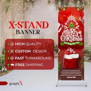 Banners personalizados para X-Stand Banner personalizado para stand navideño Banner para stand comercial Banner publicitario para eventos Imagen impresa Logotipo Texto Todo