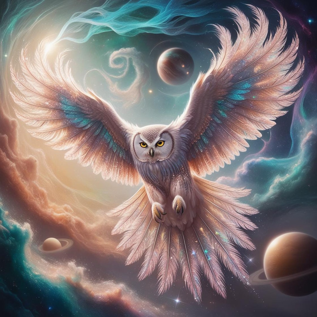 Cosmic Owl Soaring Through a Nebula Glowing Starlit Feathers Digital ...