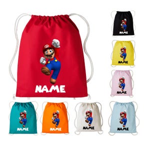 May include: Red, yellow, orange, blue, pink, and white drawstring bags with a cartoon image of Mario on each bag. The bags have the word "NAME" printed on them.