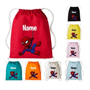 May include: A set of eight drawstring bags featuring a cartoon Spiderman design. The bags are available in red, black, yellow, pink, turquoise, orange, white, and light blue. The bags have white drawstrings and the text "Name" is printed on each bag.