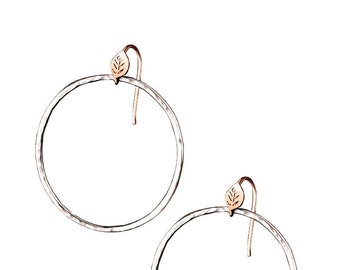 Forest Lake Hoop Earrings, Leaf and Textured hoop earrings, 14K Rose Gold and Silver Hoops