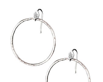 Forest Lake Hoop Earrings, Leaf and Textured hoop earrings, 14K White Gold Hoops