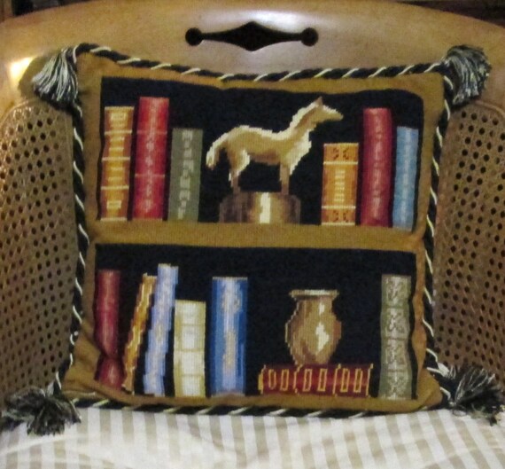 Needlepoint Pillow Designer Book Lover Tapestry Library Black Etsy