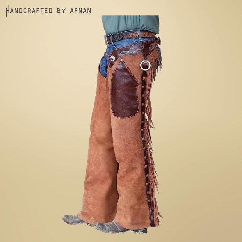 Ensemble Chaps Cowboy Vintage - Cuir Suédé à Franges - Fermeture Éclair - Taille L