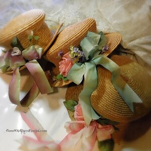 Vintage Straw Boater Hat Decorated Flower Hat