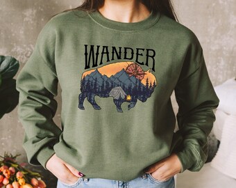 Wander Buffalo Shirt For Women, Tent Camping Shirt, Western Shirt, American Buffalo Shirt, Wild West Shirt, Mountain Shirt, Stay Wild Shirt,