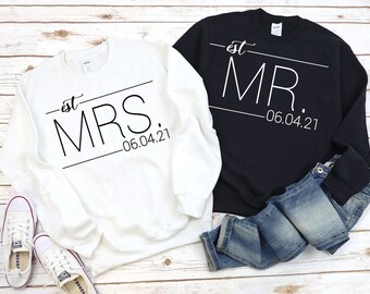 Mr and Mrs EST Couple Matching T Shirts, Wife and Husband Shirts, Custom Mrs Shirt, Valentines Day Shirt, Honeymoon Matching Tee