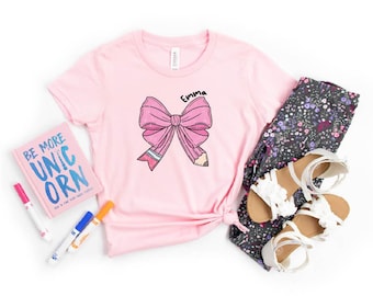 Custom Coquette Pencil T-Shirt, Coquette Shirt, Personalizes School Shirt,Back To School Shirt, Scholl Shirts For Kids, Pink Bow Shirt