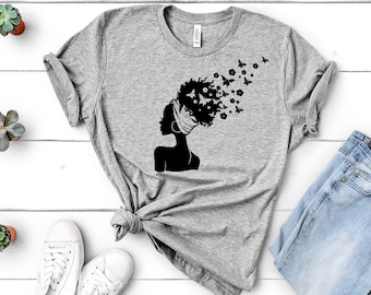 Camiseta de mariposa de mujer negra afro, camiseta de Juneteenth, camiseta de mujer afro, camiseta de reina negra, camiseta de chica negra melanina nubia,