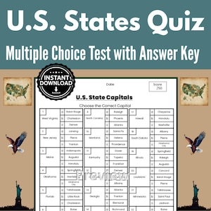 Może przedstawiać: Drukowany quiz o stanach USA z kluczem odpowiedzi. Quiz ma format wielokrotnego wyboru, sprawdzający wiedzę o stolicach stanów USA. Projekt zawiera mapę Stanów Zjednoczonych i słowa "Natychmiastowe pobieranie".