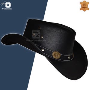 Black Leather Cowboy Hat for Men and Women - Western Style Genuine Leather Hat - Unisex Vintage Rancher Hat - Rodeo Costume Accessory