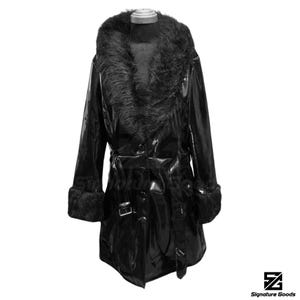Women’s Black PVC Trench Coat - Shiny Faux Leather Long Coat with Faux Fur Collar, Handmade Glossy Jacket, Unique Gift for Her