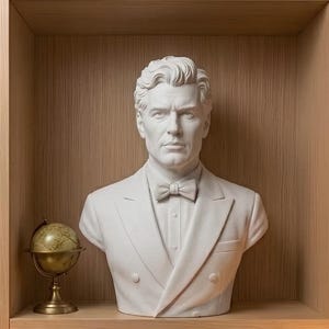 May include: A white matte bust sculpture of a person with wavy hair, wearing a double-breasted jacket with a bow tie. The sculpture is positioned centrally on a wooden shelf, surrounded by rows of books and smaller decorative busts on adjacent shelves.