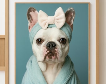 May include: A framed wall art print featuring a white French bulldog wearing a light blue spa headband with a cream-colored bow and a matching light blue bathrobe. The image includes the text Set of 4 at the top in a black-outlined cloud shape.