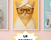 Funny Cat Portraits, Cat Reading Newspaper on Toilet, Cat Bathroom Art, 4 Custom Pet Portraits, Cat in Toilet, Cat in Bathtub,Pet Owner Gift