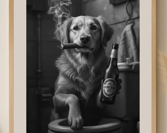 Custom Pet Portrait, Funny Dog Bathroom Art, Personalized Dog or Cat Loss Gift, Dog Wall Art, Dog Reading Newspaper on Toilet,Pet in Bathtub