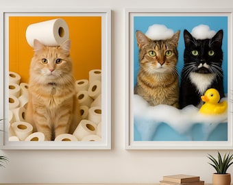 Cat in Bathtub Portrait, Funny Custom Cat in Bathroom Portrait, Funny Bathroom Pet Drawing, Personalized Pet Owner Gift Illustration