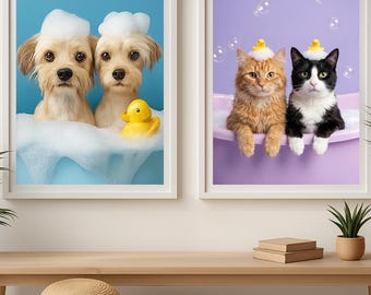 Custom 2 Cats Portrait, Funny 2 Pets Bathroom Portrait, Personalized Dog and Cat Portrait, Pet in Bathtub Portrait, Pet Couple Portrait
