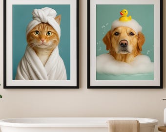Dog in Toilet, Funny Dog in Bath Foam Portrait, Dog Reading Newspaper Personalized Pet Portrait Gift, Funny Bathroom Art, Pet in Bathtub