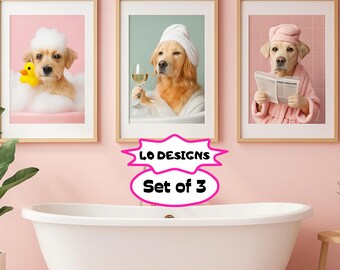 Funny Pet Bathroom Art, Custom Pet Portraits, Dog Reading Newspaper on Toilet, Bathroom Wall Art Decor Prints,Pet in Bathtub,Pet Owner Gifts