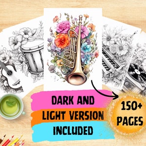 Instruments Coloring Pages/ Piano, Guitar, Drums, Trumpet, Snare, Drum, Accordion, Cello, Harp, Tuba, Saxophone, Violin Pages by GOGOLY