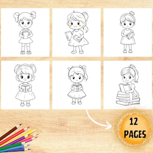 Girls Coloring Pages for Kids/  Girls with Books Coloring Pages for Teens/ Adult Cute Girls Digital Coloring Pages by GOGOLY