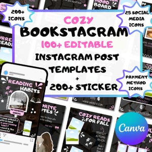 Peut inclure: Publicité pour des modèles de publications Instagram Cozy Bookstagram, avec plus de 100 modèles modifiables et plus de 200 autocollants. Le design comprend une maquette de smartphone, des icônes de médias sociaux et le logo Canva.