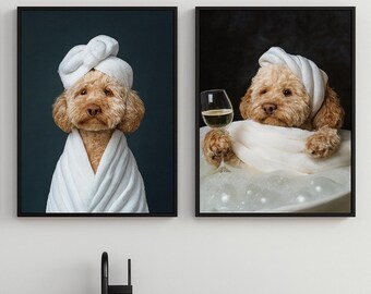 Custom Pet Portrait from Photo, Funny Portrait of Dog in Bath Foam, Pet Bathroom Arts Gift, Dog Reading Newspaper on Toilet, Pet in Bathtub